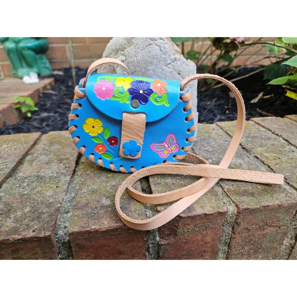 Beautiful Hand Tooled Floral Blue Leather  Mini Crossbody Childrens Satchel